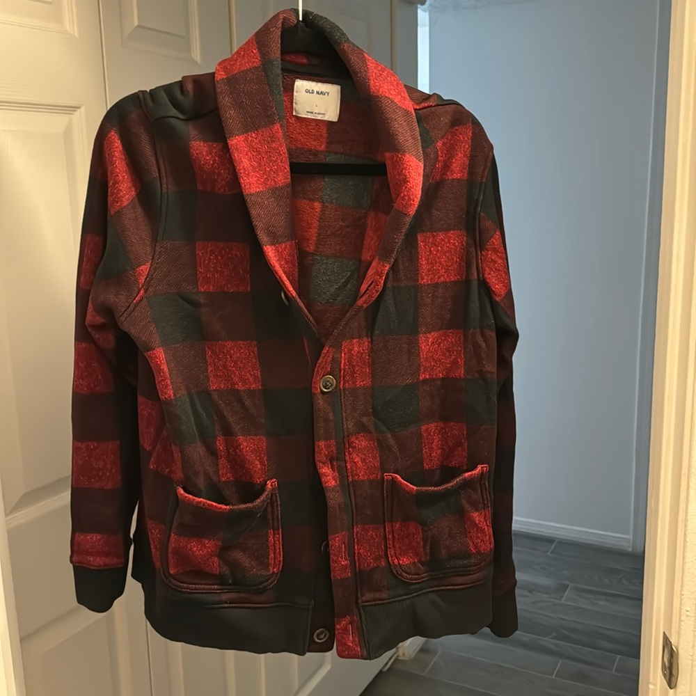 Old Navy Men’s Red and Black Buffalo Plaid Shawl Cardigan